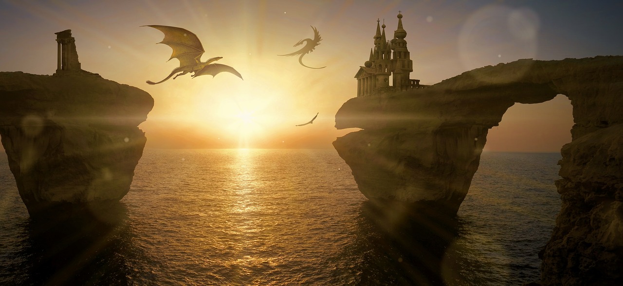 Dragons flying around two castles that are perched on steep cliffs overlooking expansive ocean